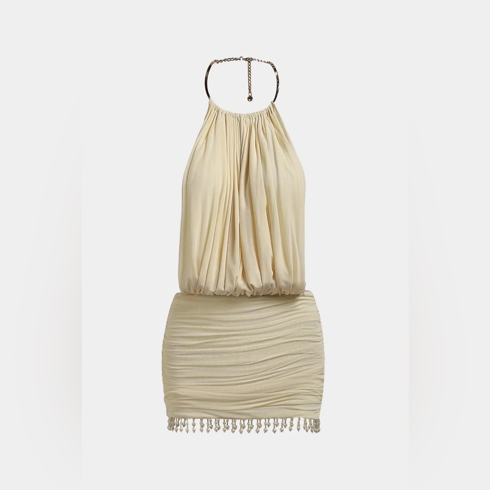 Micas Mesh Halter Neck Pearl Decor Ruched Sleeveless Mini Dress S PG2-26